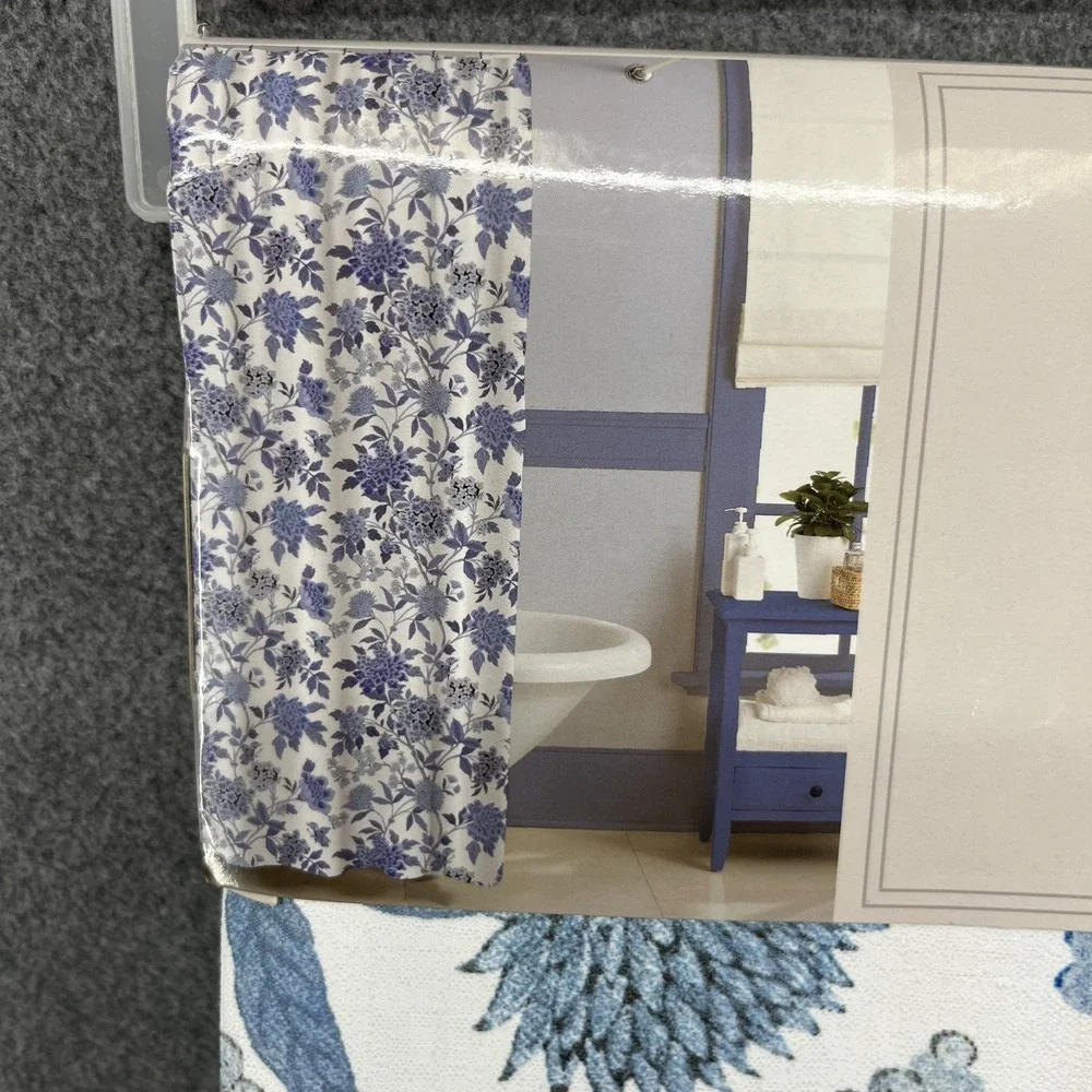 Market Street Bath Fabric Shower Curtain Floral cottage garden Thai Kingdom Blue